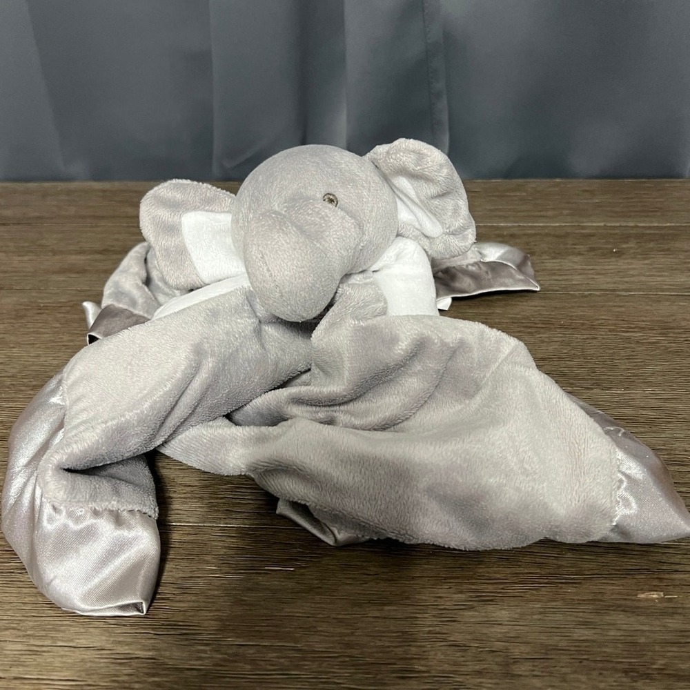 PM Baby Elephant Lovey Security Blanket Grey Gingham Satin Plush Snuggler Toy